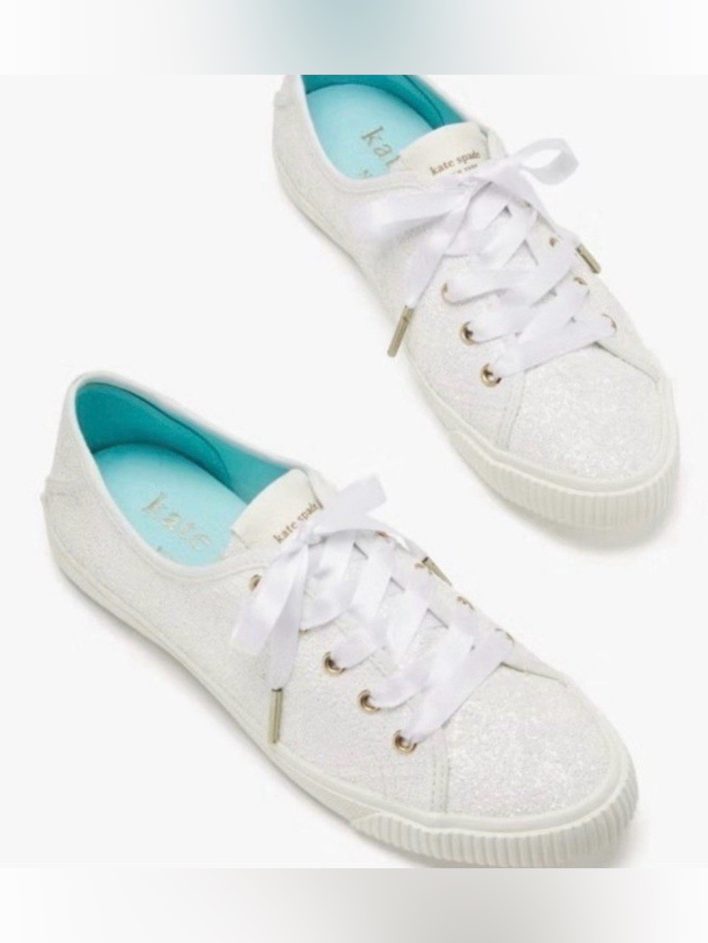 kate spade White Glitter Satin-Lace Sneakers with Turquoise Insole
